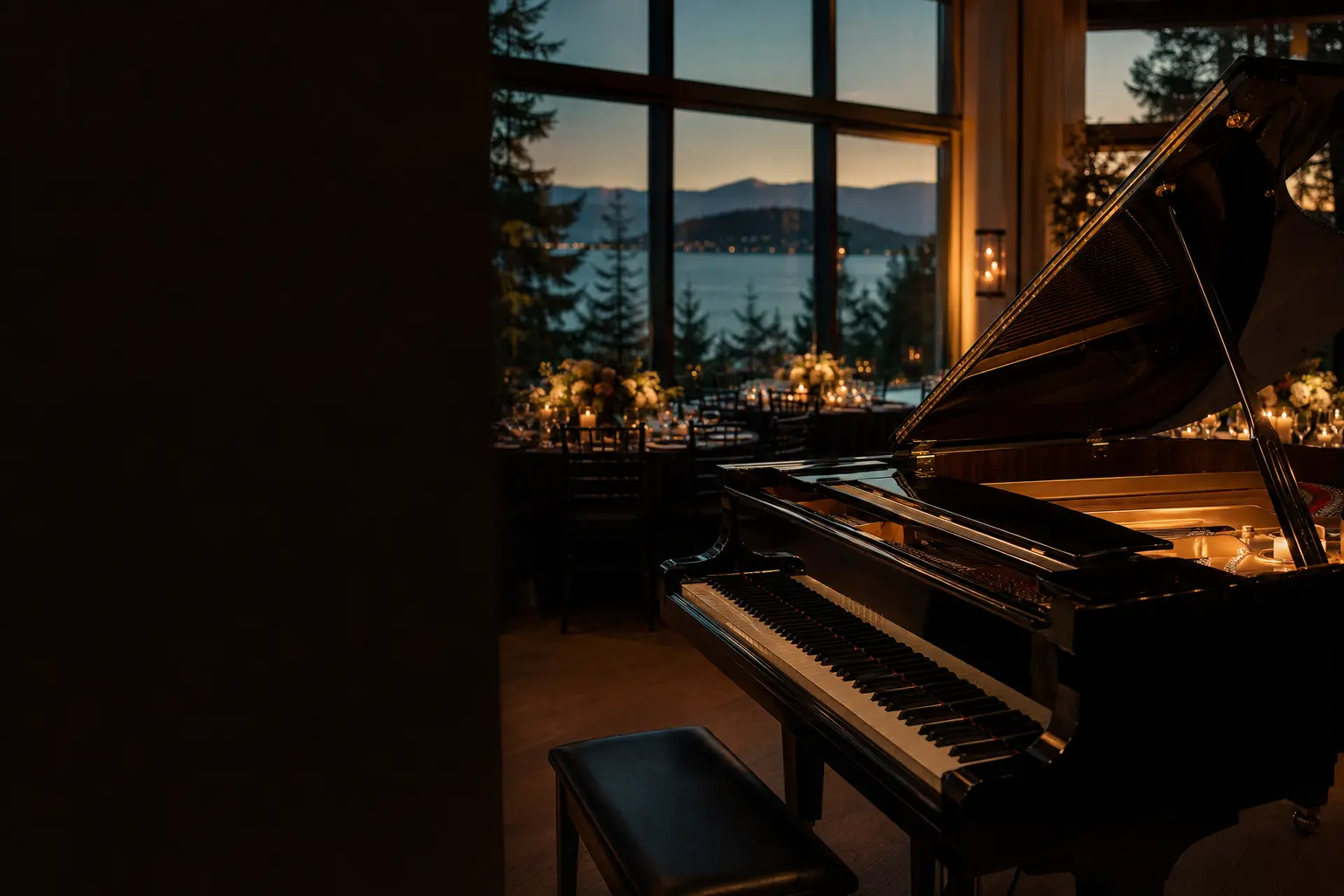 Grand piano at an elegant candlelit West Coast event